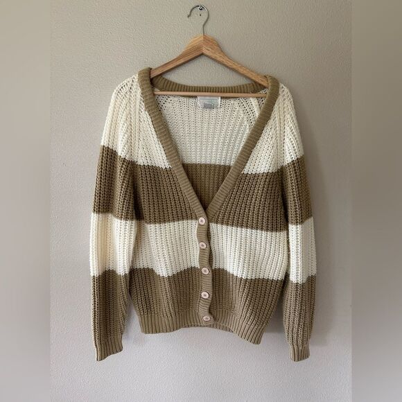 Vintage 90’s Mister Noah Tan And White Chunky Knit Cardigan Sweater Size L - Picture 1 of 7